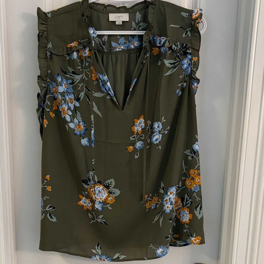 LOFT Women's Floral Ruffle Blouse - Olive Green and Blue